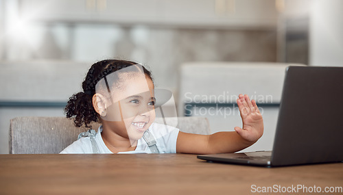 Image of Girl, waving and laptop distance learning education for kids, house lockdown children and home students. Smile, happy and greeting student on technology for education and e learning zoom video call