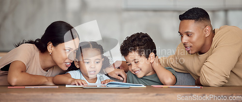 Image of Mom, dad and kids with books for reading, learning and education in home together for bonding. Black family, children and book on desk for study, childhood development and spelling of words in house