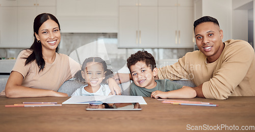 Image of Family, books and children homeschool help in home or house in distance learning, lockdown education or e learning. Portrait, smile or happy parents and kids, digital tablet or homework study support