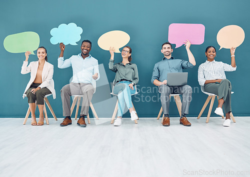 Image of Speech bubble, waiting room and people in business recruitment, social media chat icon, and networking cardboard sign. Corporate group of people with voice communication or hiring advertising mock up