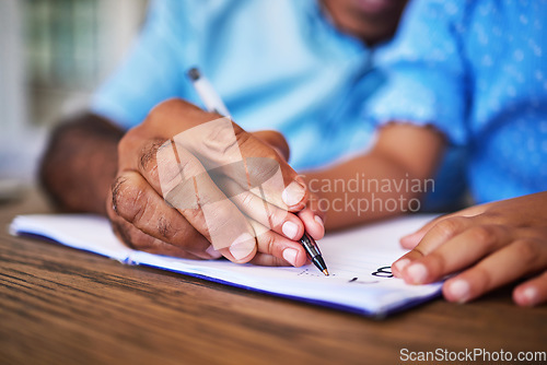 Image of Writing, teaching and learning, hands and pen, grandfather with child practice handwriting in notebook closeup. Education, teacher and student, alphabet and home school with kid, skill development.