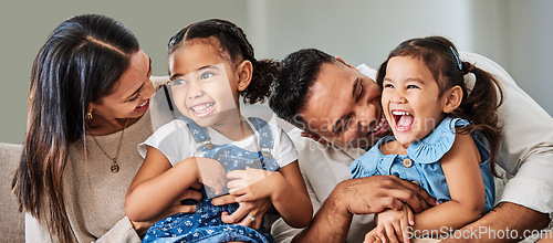 Image of Love, care and parents with happy family of children laughing together at home in Puerto Rico. Mama, father and daughter siblings bonding in house with cheerful affection and excited smile.