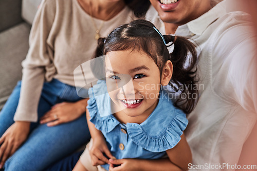 Image of Selfie, family and young happy girl together bonding on living room sofa. Portrait of adorable Asian child happiness smile on face closeup, love and care support or relax spend time in family home