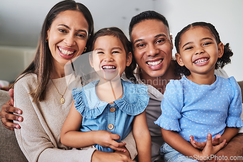 Image of Family, love and happy home with mother, father and children bonding on living room sofa with smile, care and happiness. Portrait of girl siblings or kids with man and woman in brazil house to relax