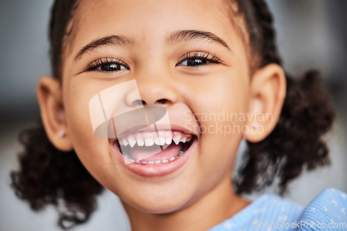 Image of Girl, child and macro portrait with happy dental health smile on face in youth and childhood. Excited, health and happiness of young black kid with good oral hygiene and healthy teeth smiling.