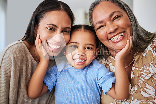 Image of Child, grandmother and mother with smile in their house with love, care and happiness together. Face portrait of a young, happy and comic girl bonding with her mom and grandma with affection