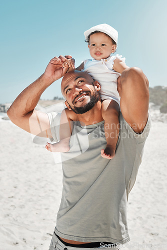 Image of Beach, happy and father with baby on his shoulders while on a summer adventure seaside holiday. Happiness, love and man from Mexico with infant child in nature by the ocean while on family vacation.