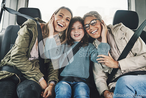 Image of Road trip, family and travel with child, mother and grandma feeling happy, traveling together in back seat of car for fun. Women and girl kid using transportation and enjoy Australia journey
