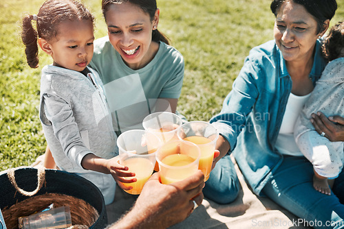 Image of Picnic, park and happy family cheers with juice, bonding and enjoy fun quality time together. Mama love, happiness and freedom for relax grandma, mother and children drinking on nature grass field