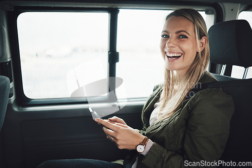 Image of Woman, road trip and phone for location, gps and map of summer vacation holiday direction. Portrait, smile or happy tourist in car for adventure travel with 5g mobile technology for fun internet game