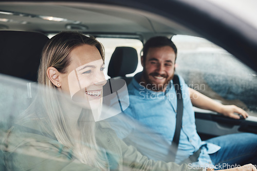 Image of Couple, happy and road trip car travel of people with a smile using motor transportation. Happiness, love and relax traveling drive experience of a girlfriend and boyfriend together ready for holiday
