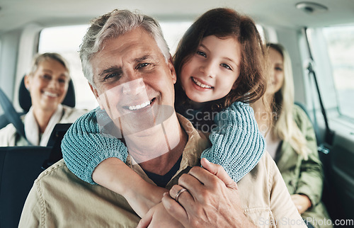 Image of Child, happy grandfather and road trip in car for family travel with smile in motor transportation. Trip, love and relax traveling drive experience of man and girl kid together on holiday journey