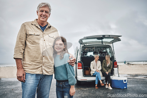 Image of Big family, grandfather and girl on beach road trip, holiday or vacation. Happy family portrait, love and van trip outdoors, having fun and spending time together, talking or bonding, care or support