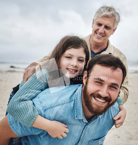 Image of Men, family generations and piggyback child at beach, fun and happy together, bonding outdoor and travel in nature. Smile in portrait, father and grandfather with kid, spending quality time and love.