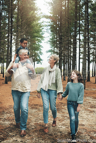 Image of Family, grandparents and children in forest adventure together for quality bonding time in nature. Happy grandpa, grandma and kids enjoying a fun walk, hike or stroll in the woods in the outdoors