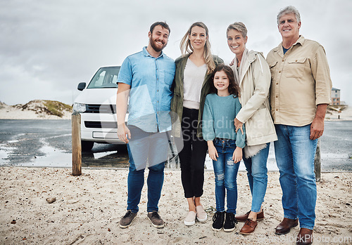 Image of Grandparents, mother and father with child, on road trip and happy have vacation, adventure and travel together. Family, with girl and enjoy holiday, getaway and relax with smile, bonding or portrait