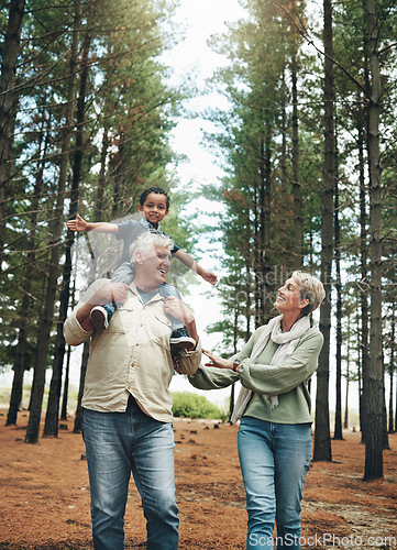 Image of Hike, nature and children with senior foster parents and their adopted son walking on a sand path through the tress. Family, hiking and kids with an elderly man, woman and boy taking a walk outside