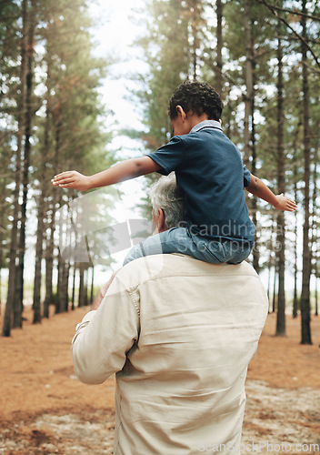 Image of Grandfather, child and shoulders for walk in forest, nature or woods together for bonding. Senior, man and kid with trees, sunshine and walking for playing, fun and happiness on vacation with family