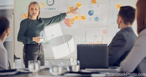 Image of Business leader, charts and presentation with employees, coach or manager talk growth for teamwork training meeting on whiteboard. Men and women at discussion for marketing campaign and planning