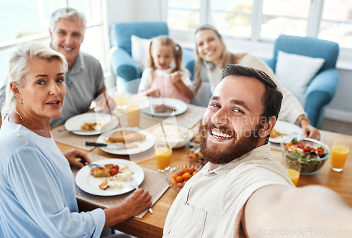 Image of Love, selfie and food with big family in home for cheerful photograph together in Australia. Parents, grandparents and child at lunch dining table with happy smile for picture memory in house.