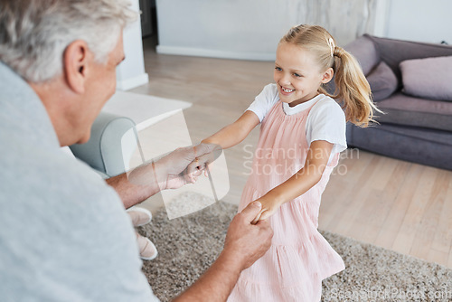 Image of Family love, grandfather and child, playing at family home and bonding together in living room. Senior man, young girl have fun and playful, swing and hand holding, happy in retirement and holiday.