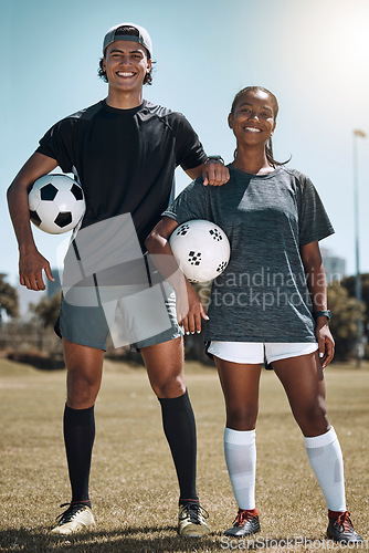 Image of Friends, soccer and fitness, soccer field and soccer player together for workout and sport training outdoor portrait. Black woman, Mexican man and soccer ball, sports motivation and team in game.