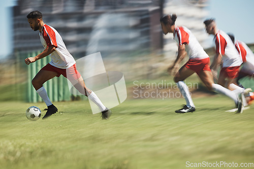 Image of Soccer, team sports game and teamwork of men busy with football collaboration and workout. Fitness, training and healthy exercise of an healthy athlete ground with fast energy running with a ball