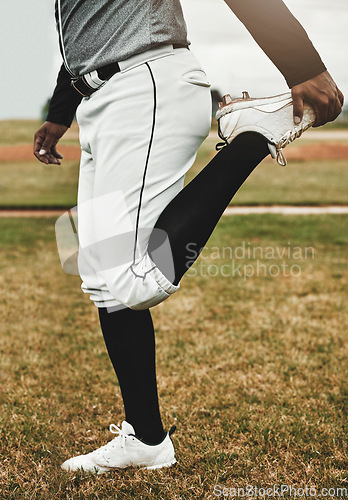 Image of Baseball player, stretching and man on sports field doing warm up exercise, workout training at baseball field. Sports, baseball player and body preparation with athletic guy getting ready for match