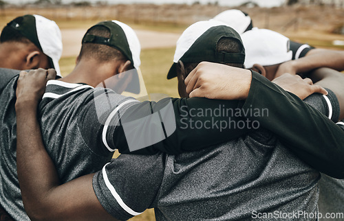 Image of Baseball teamwork, sports and strategy, coaching support and motivation for men competition game. Professional softball athlete group huddle, planning training goals and winner collaboration together