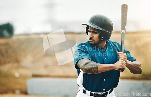 Image of Baseball player, training and bat for fitness workout on outdoor sports field. Serious athlete batter man, professional athlete and softball pitch for health and wellness exercise for baseball game