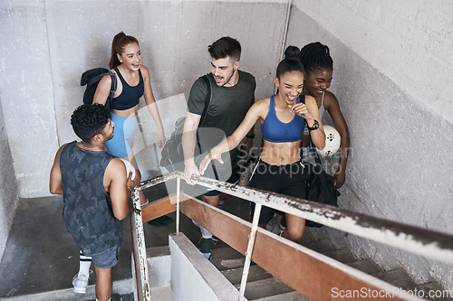 Image of Soccer, group and fitness, walking and stairs for cardio, diversity and friends exercise together in healthy and active lifestyle motivation. Young, men and women happy, athlete and sports training.