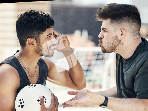 Image of Angry soccer players fight, problem and argument, conflict and anger in competition sports game. Frustrated, mad and shouting footballer men arguing on pitch about wrong penalty action, fail and rage