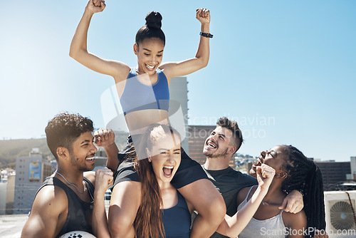 Image of Sports, team and success celebration for winner group with happy smile and piggy back ride cheer. Achievement, competition and victory of athlete people on city rooftop celebrating.