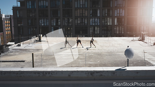 Image of Team, soccer and stretching outdoor doing practice for game, tournament and training for play, health or fitness together. Teamwork, healthy group or cardio prepare soccer match, workout or exercise