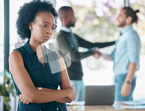 Image of Black woman, corporate and sad thinking of career promotion failure or decline in office. Unhappy, worry and doubt of girl employee at workplace distracted with bad thoughts of rejection.
