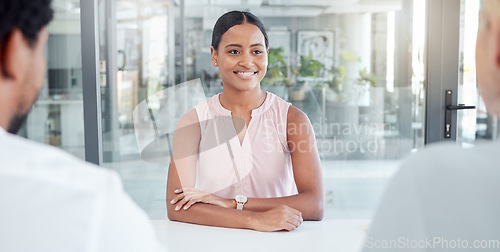 Image of Hiring, recruitment and woman in a job interview or meeting talking to an hr manager and management in a company. Smile, human resources and happy person speaking to the ceo or boss in a business