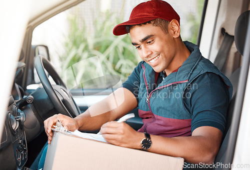 Image of Delivery man, driver and writing on checklist or box working for courier service with package, shipment or parcel in cargo vehicle. Transportation, logistics and guy ready to deliver ecommerce order