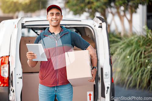 Image of Portrait, van and delivery man with tablet and box, package or goods parcel. Ecommerce, logistics and courier, carrier or driver from India on digital tech to track boxes, cargo or stock online.