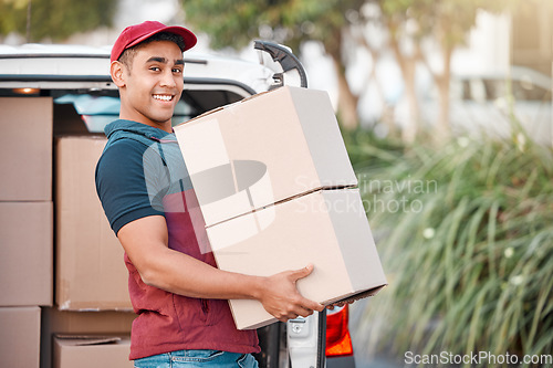 Image of Delivery man, box and courier service with package, shipment or parcel from van transportation outdoor. Cargo vehicle, logistics and portrait of friendly delivery guy shipping online wholesale order
