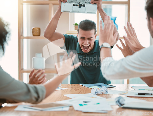 Image of Angry, businessman and laptop smash on table in meeting after failure, glitch or error. Stress, burnout or rage of furious ceo breaking computer after suffering financial loss with workers in office.