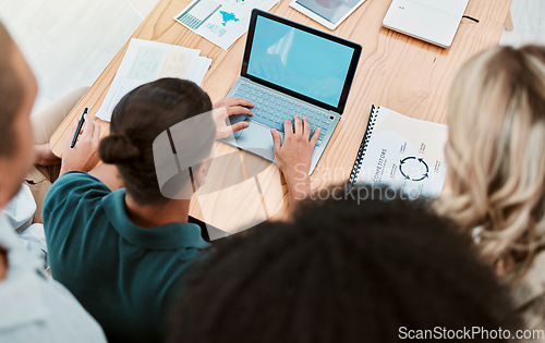 Image of Teamwork, laptop and green screen top view of business people in office working together. Chroma key, blue screen and documents on table with workers in collaboration planning online project mockup.