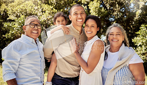 Image of Big family, hug and portrait smile in nature for fun quality bonding time in summer vacation in the outdoors. Mother, father and kid with grandparents smiling together in joy for family trip or park