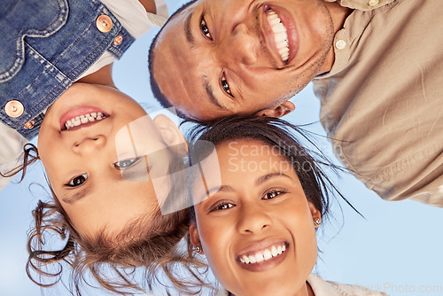 Image of Family, face and children with a mother, father and girl bonding against a clear blue sky outdoor during summer. Kids, happy and smile with foster parents and adopted daughter in the day closeup