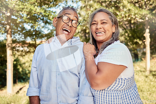 Image of Love, happy and laugh with a senior couple in a garden outdoor for bonding or fun on vacation. Together, relationship and romantic with an elderly man and woman pensioner outside on a summer date