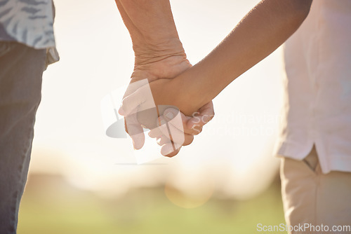 Image of Love, care and couple holding hands in a park for support, help and hope together during summer. Back of man and woman with kindness, trust and gratitude in their marriage while in a field in nature