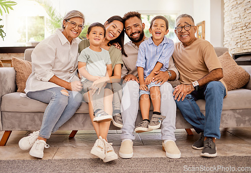 Image of Big family, children or bonding on sofa in house or home living room with senior grandparents, mother or father. Smile, happy or multi generation family of retirement elderly, men and women with kids