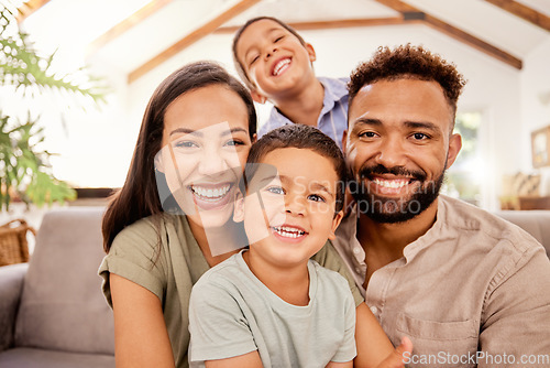 Image of Black family, kids and sofa for portrait with smile, love and happiness in home, vacation or holiday in summer. Mom, dad and children with happy, face and bonding on couch in house in Los Angeles