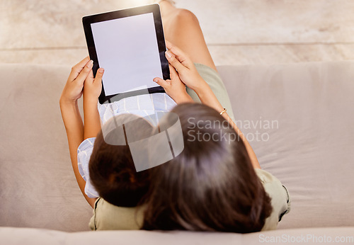 Image of Mother, tablet and child screen, mockup and social media on a sofa from above in home. Marketing, advertising or product placement on technology with woman and boy watching movie subscription online