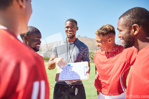 Image of Happy soccer coaching, planning strategy and group training of competition game ideas, vision and formation. Football academy players, sports manager and paper skills, goals and sketch of pitch field