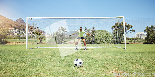 Image of Goalkeeper, soccer field and sports man ready in penalty kick, competition game challenge and football field pitch defense. Goalie protect net goals, stop soccer ball score and football player target